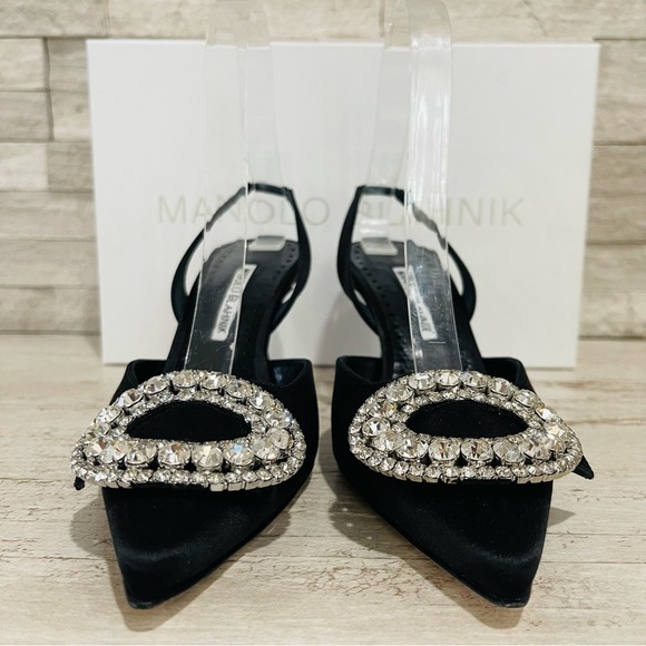 Manolo Blahnik Fiboslac Black Satin Swarovski Crystal Slingback 70MM Pumps SZ 37 - Picture 3 of 14